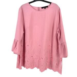 New Calessa Border Embroidered Jewel Neck 3/4 Bell Sleeve Tunic Shirt Size XL